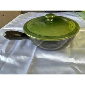 Vintage Mid-Century Modern Olive Crockery Bowl with Lid and Pour Spout